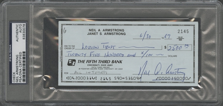 Neil Armstrong Rare Signed and Encapsulatd Check Dated 6/30/1987 (PSA/DNA)